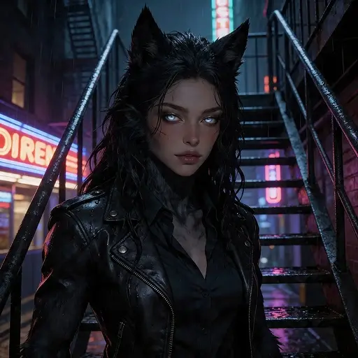 Un personaje de Wollo con orejas de gato iluminado con neón