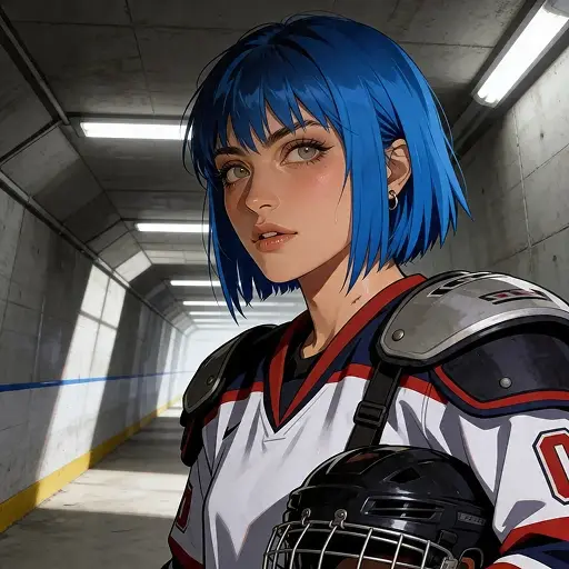 Un personaje de Wollo en anime con equipación de hockey
